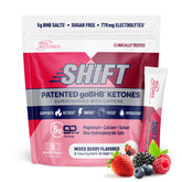 Real Ketones empaque frontal mostrando 30 sobres y sabor frutos rojos, conveniencia portátil