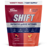 Real Ketones frontal del paquete mostrando sobres y beneficios de energía