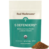 Real Mushrooms frente del envase mostrando diseño y beneficio de conveniencia