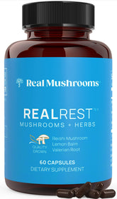 Real Mushrooms frasco RealRest frontal mostrando la etiqueta y beneficios