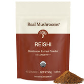 Real Mushrooms frente del envase mostrando marca y tamaño, confianza en calidad