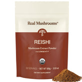 Real Mushrooms reishi vista frontal del envase mostrando diseño y pureza
