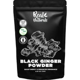 Real Naturals polvo de jengibre negro frente del envase mostrando presentación y beneficio energético