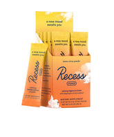Recess paquete lemon citrus frontal mostrando sticks y marca, conveniencia para llevar