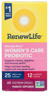 Renew Life frasco delantero mostrando etiqueta y beneficios para la mujer