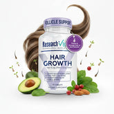 Research Verified frontal del envase mostrando la marca y beneficio de apoyo capilar