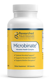 Researched Nutritionals Microbinate frasco frontal mostrando diseño y beneficios clave