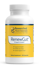 Researched Nutritionals RenewGut frasco visible, muestra confianza y formulación segura