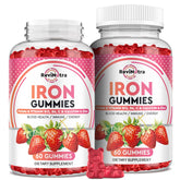 ReviNutra frasco frontal mostrando Iron Gummies con sabor fresa y beneficios