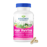 RidgeCrest Herbals frasco frontal del suplemento Hair ReVive mostrando diseño y tamaño