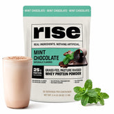 Rise envase frontal Mint Chocolate mostrando 25 g proteína y sin azúcares añadidos