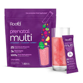 Root'd vista frontal del empaque mostrando sobres individuales y beneficios