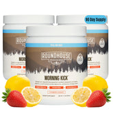ROUNDHOUSE PROVISION envase frontal del Morning Kick Greens mostrando presentación 3 pack y beneficio conveniencia
