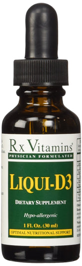 Rx Vitamins frasco frontal de Liqui-D3 mostrando etiqueta clara y dosificación
