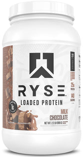 RYSE envase frontal Chocolate con Leche mostrando beneficios y porciones