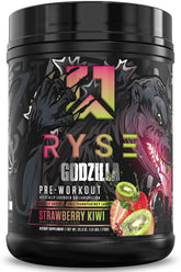 RYSE Godzilla frente del empaque mostrando sabor fresa kiwi y beneficio energía intensa