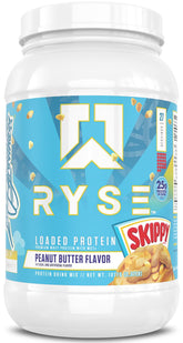 RYSE Up Supplements frente del bote Skippy Peanut Butter con aspecto profesional y confianza