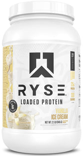 RYSE Up Supplements envase frontal Vainilla Ice Cream mostrando tamaño y porciones