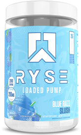 RYSE Up Supplements envase frontal mostrando sabor Blue Razz y beneficios