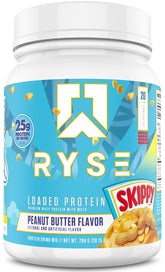 RYSE Up Supplements envase frontal mostrando sabor Skippy Peanut Butter y beneficios