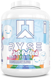 RYSE Up Supplements envase frontal de Marshmallow, presentación clara y atractiva