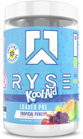 RYSE Up envase frontal Kool-Aid Tropical Punch mostrando diseño y beneficios