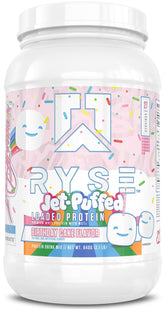 RYSE Up Supplements frente del tubo mostrando marca y beneficio proteico