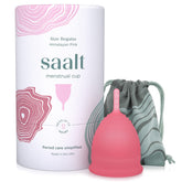 saalt empaque frontal mostrando la copa y la funda para transporte, ideal para almacenamiento higiénico
