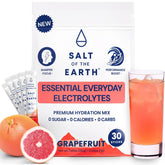 Salt of the Earth frente del empaque mostrando 30 sobres y sabor grapefruit, hidratación limpia