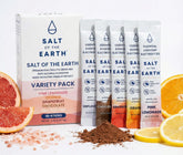 Salt of the Earth vista frontal del empaque, muestra variedad de sabores y portabilidad