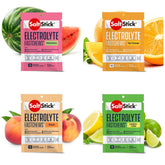 SaltStick empaque frontal mostrando 4 blíster y sabores para hidratación rápida