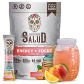 Salud empaque frontal mostrando sabor durazno-limonada y beneficio energía limpia