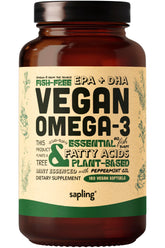 sapling frasco frontal mostrando etiqueta clara y beneficio vegano