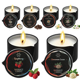 Sariiraw velas de masaje pack frontal mostrando seis frascos y beneficios aromáticos