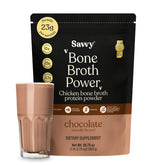 Envase SAVVY Bone Broth Power Chocolate, vista frontal y beneficios nutritivos