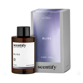 Scentify Bliss botella frontal ámbar mostrando etiqueta elegante y beneficio de conservación