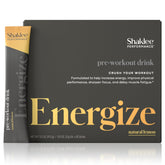 Shaklee pre-workout frente del empaque mostrando 30 servicios y beneficio portátil