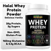 SHIFAA NUTRITION envase frontal mostrando sabor vainilla y beneficios