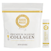 Shore Magic frente del empaque mostrando sobres y diseño, conveniencia diaria