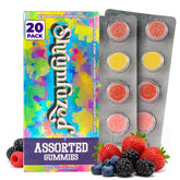 Shrumfuzed frasco frontal mostrando 20 gomitas y etiqueta clara