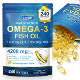 shwdppmy envase frontal de Omega-3 con sabor limón, presentación de 240 softgels