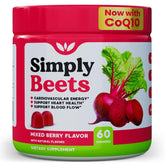 Simply Beets frasco frontal mostrando diseño y porciones, beneficio conveniencia diaria