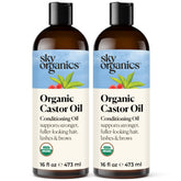 Sky Organics botella frontal del aceite de ricino orgánico mostrada con etiqueta clara y envase doble