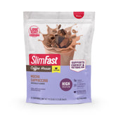 SlimFast frasco frontal Mocha Cappuccino mostrando diseño y porciones