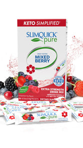 SlimQuick frontal del envase mostrando sabor frutos del bosque y facilidad de uso