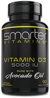 SmarterVitamins frasco frontal mostrando 90 mini softgels y beneficio de conveniencia
