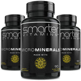 SmarterVitamins frontal del paquete mostrando los tres frascos y beneficios claros