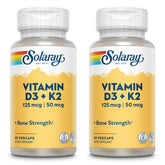 SOLARAY frasco frontal de D3 K2 mostrando etiqueta clara y beneficios