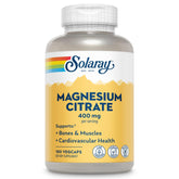 SOLARAY frasco frontal del suplemento magnesio citrato mostrando etiqueta clara y beneficios