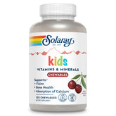 SOLARAY empaque frontal de multivitaminas para niños mostrando dosis y sabor cereza